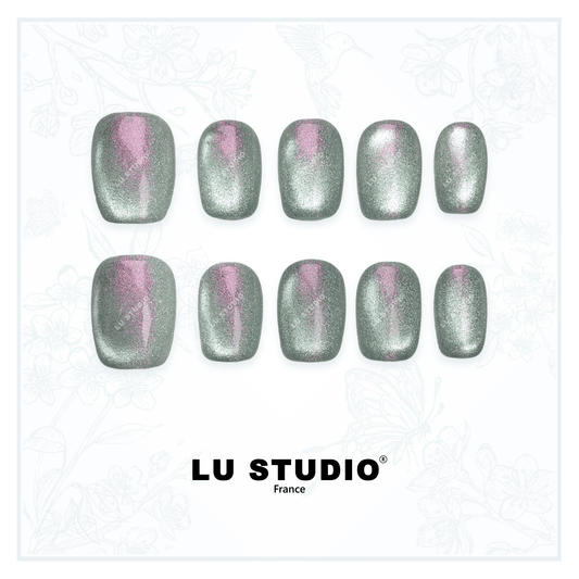 C22 - Argent pailleté d'une pointe de rose  |  Faux-ongles réutilisables - Press on nails