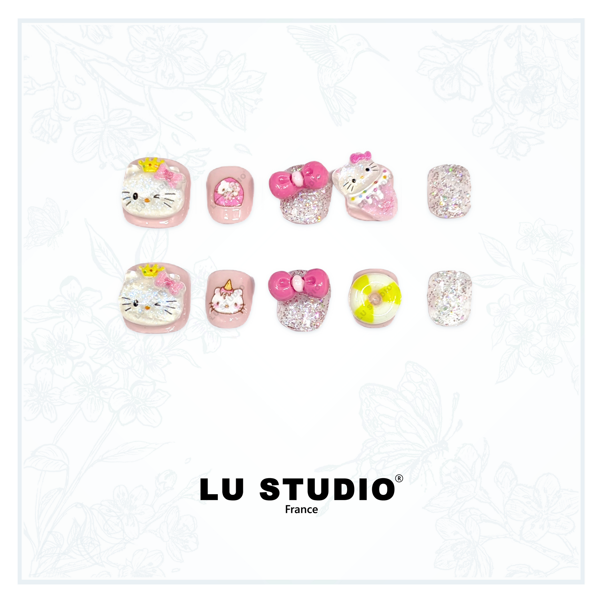 E01 - Petit Chat à la plage  | Faux-ongles réutilisables - Press on nails