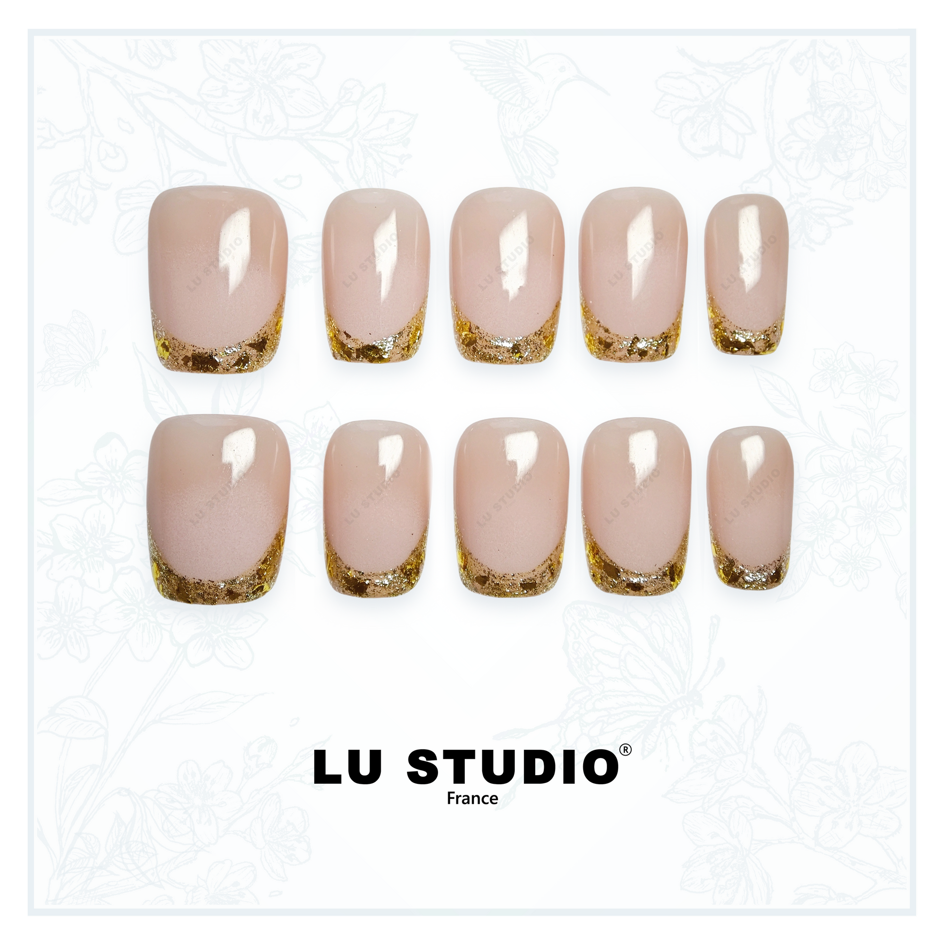 F07 - Natural french bordé d'Or  |  Faux-ongles réutilisables - Press on nails