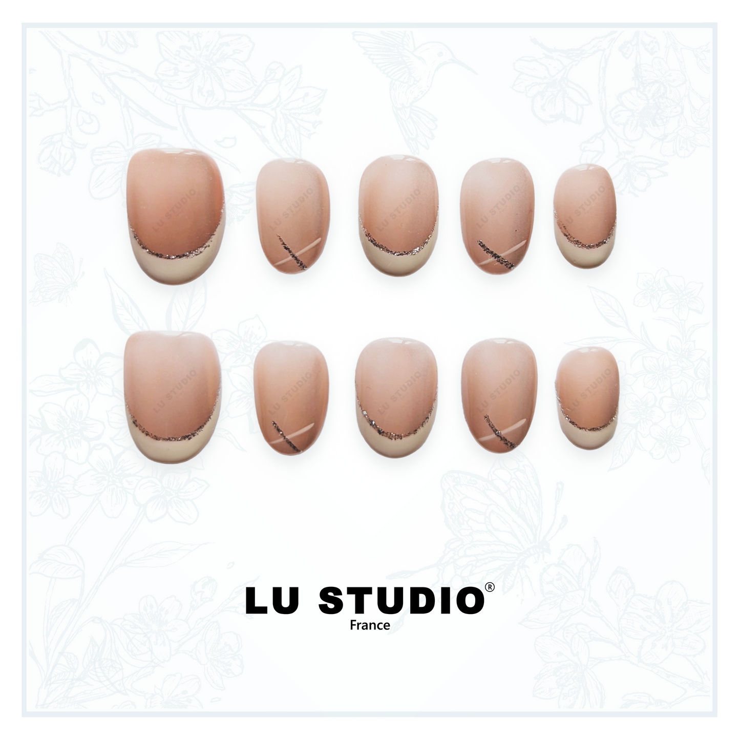 F08 - Natural French bord et croix d'argent  |  Faux-ongles réutilisables - Press on nails