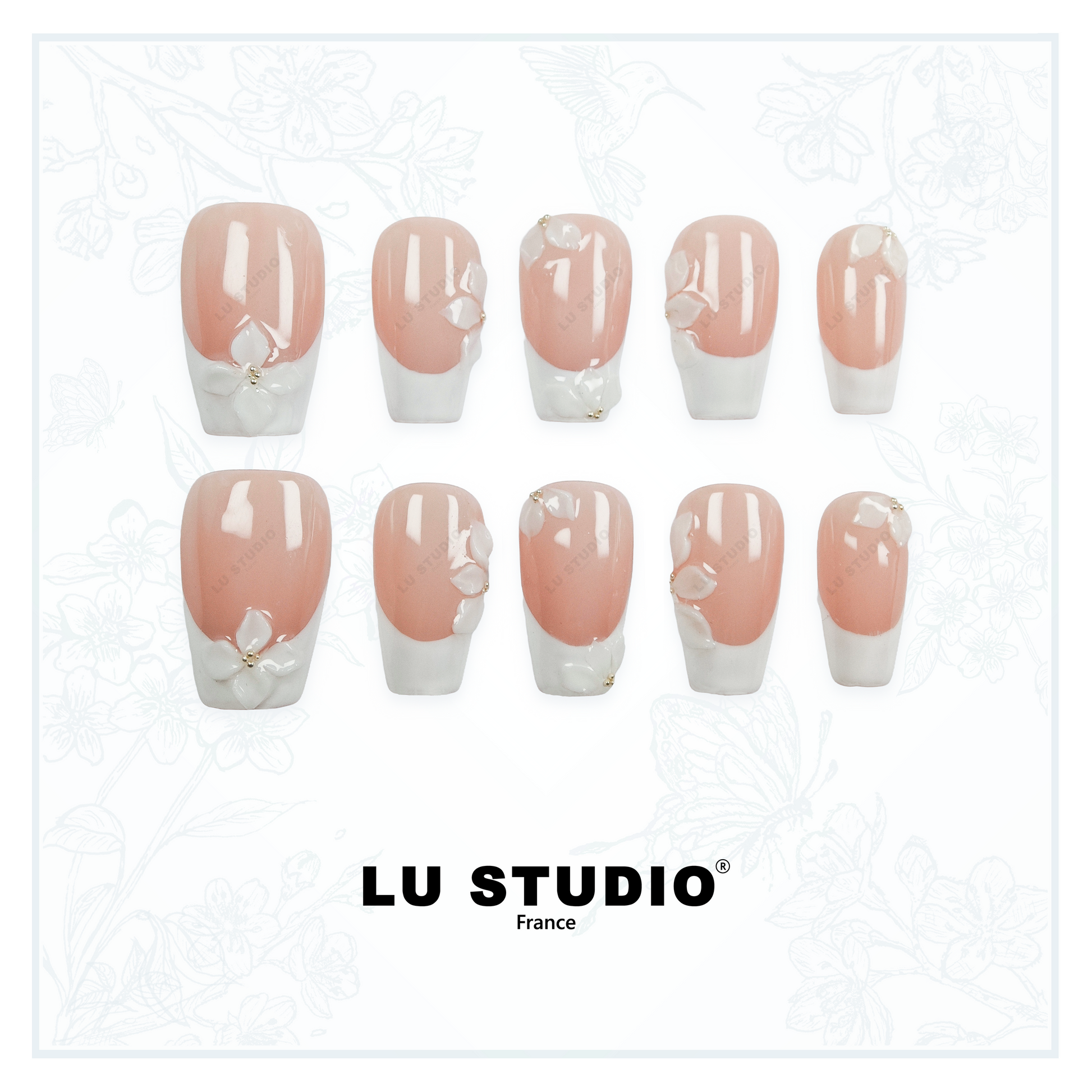 F100 - French blanche et ses fleurs 3D  |  Faux-ongles réutilisables - Press on nails
