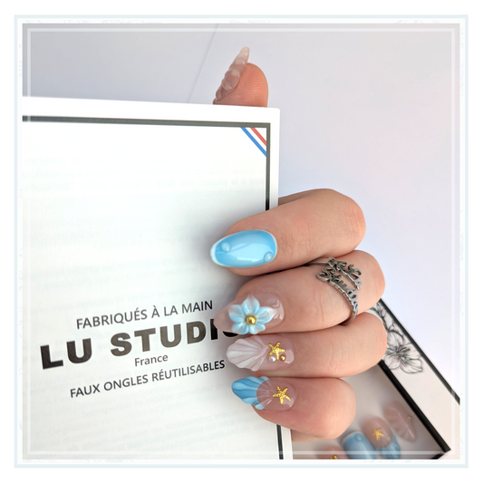 F104 - Bleu d'été  |  Faux-ongles réutilisables - Press on nails