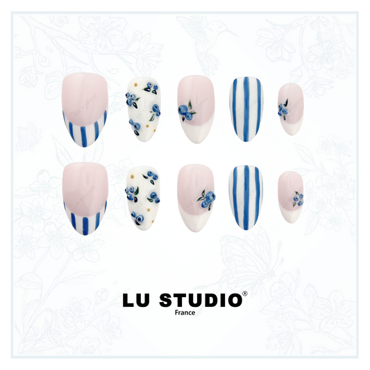F130 - Blue Stripe | Faux-ongles réutilisables - Press on nails