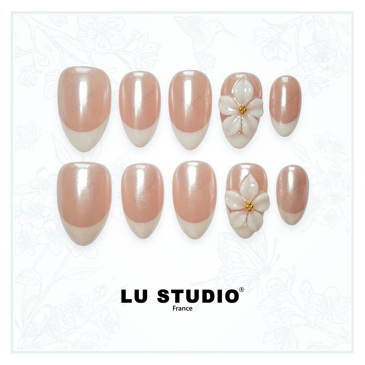 F23 - French Hibiscus Blanc 3D | Faux-ongles réutilisables - Press on nails