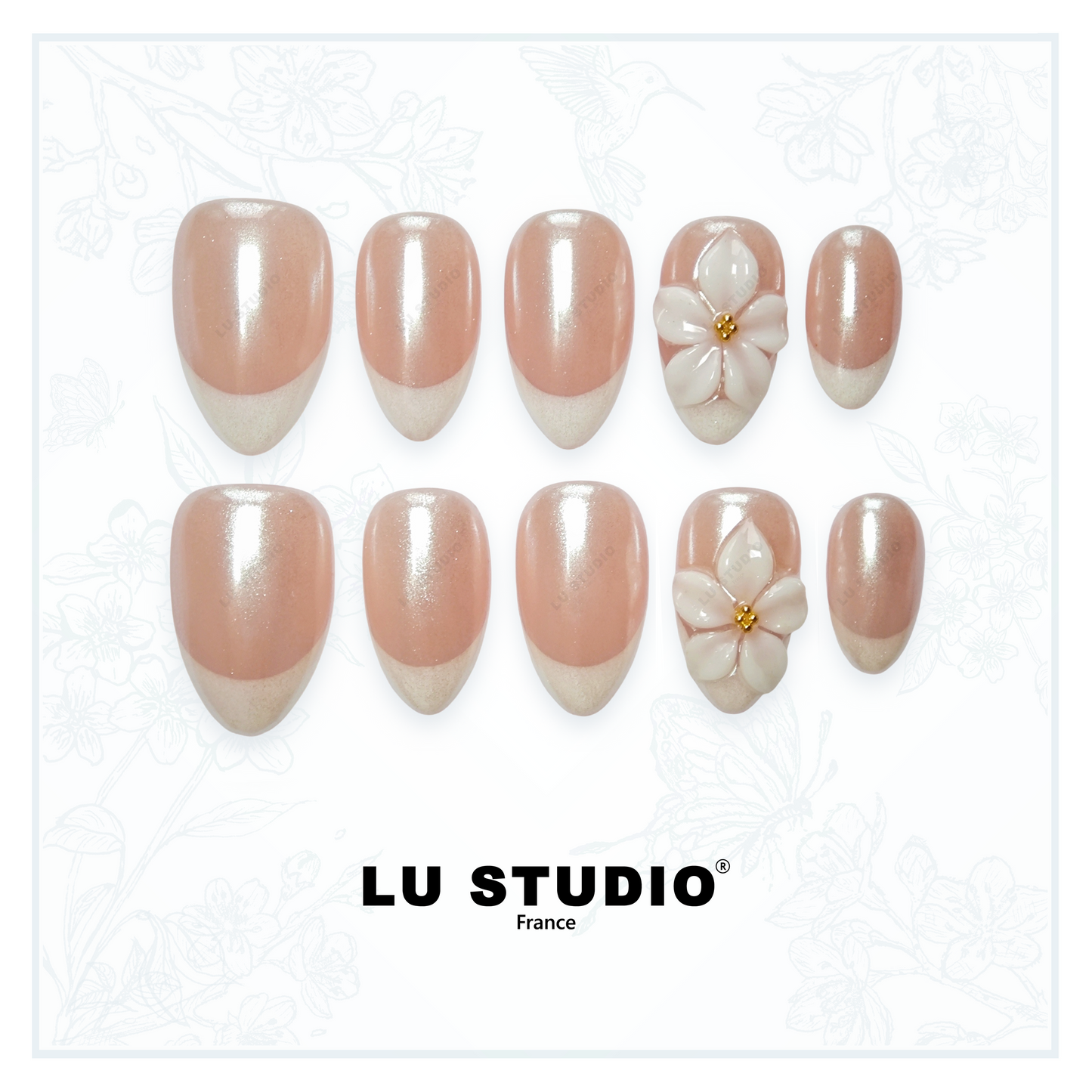 F23 - French Hibiscus blanc 3D  |  Faux-ongles réutilisables - Press on nails