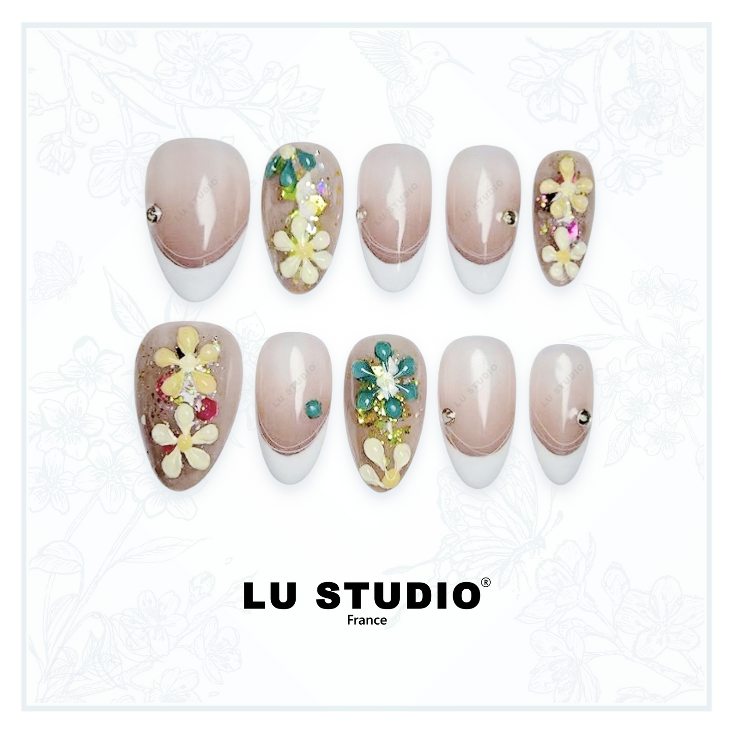 F30 - French Flower  |  Faux-ongles réutilisables - Press on nails