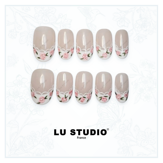 F36 - Rose dentelle  |  Faux-ongles réutilisables - Press on nails