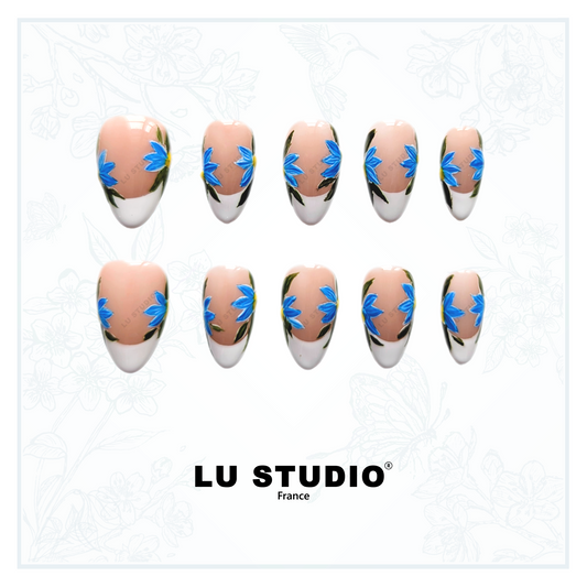 F34 - Natural French demi Lys Bleu | Faux-ongles réutilisables - Press on nails