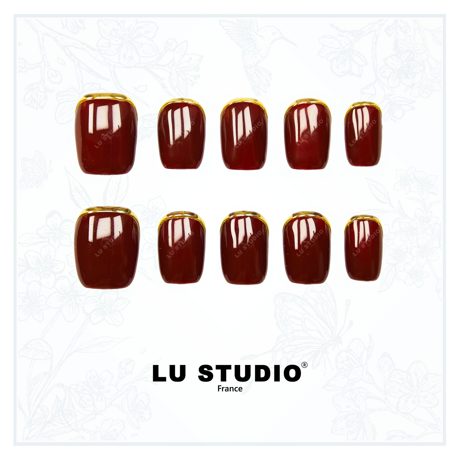F43 - Bordeaux liseré d'Or  |  Faux-ongles réutilisables - Press on nails