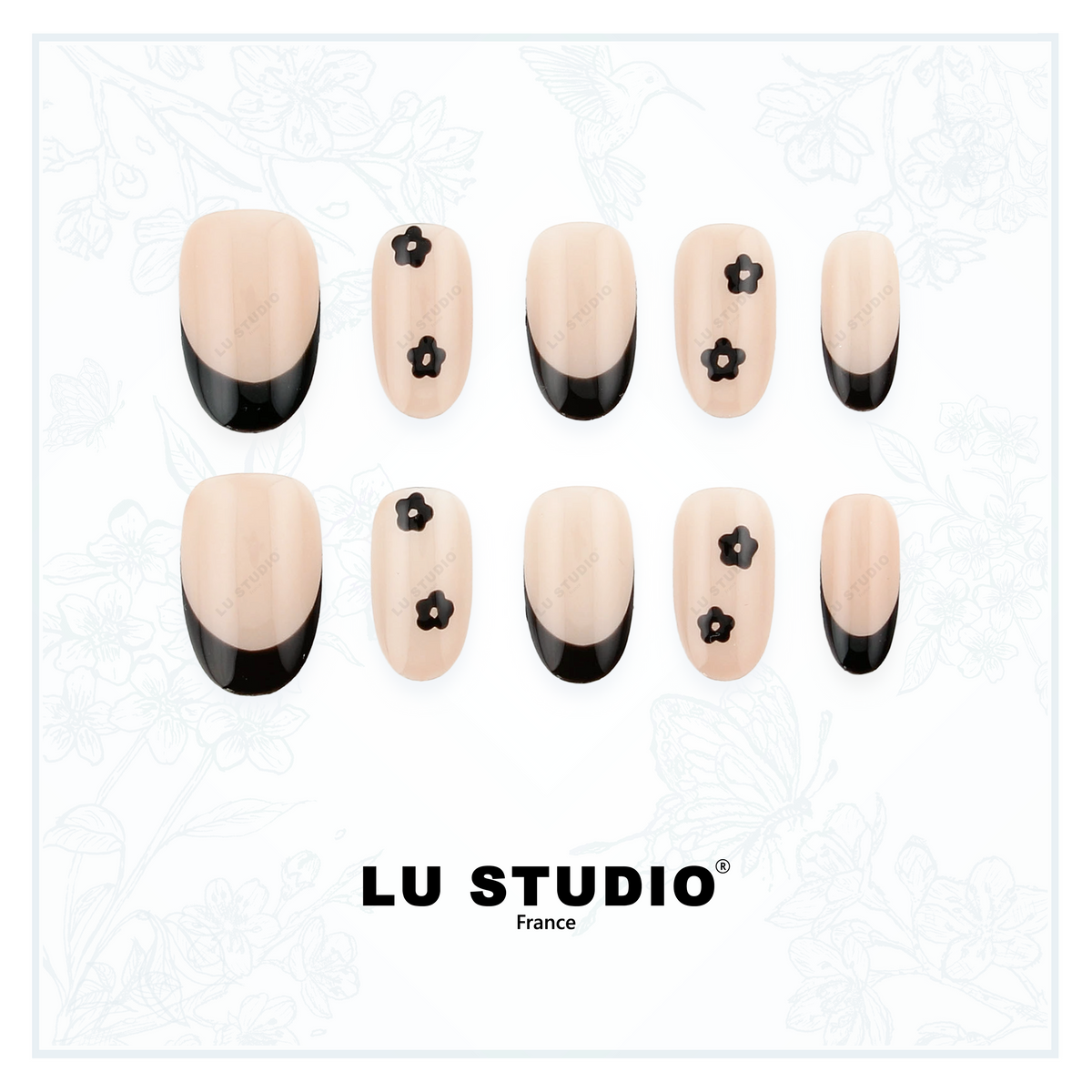 F60 - Elegeance Fleurie Noire  |  Faux-ongles réutilisables - Press on nails