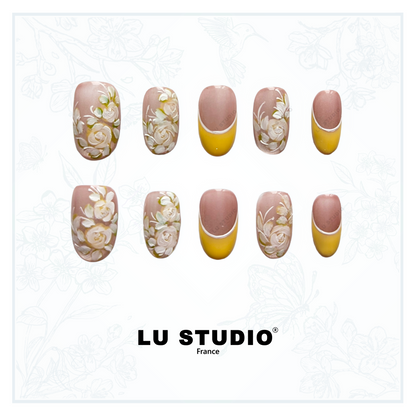 F76 - French Rosiers Jaunes  |  Faux-ongles réutilisables - Press on nails