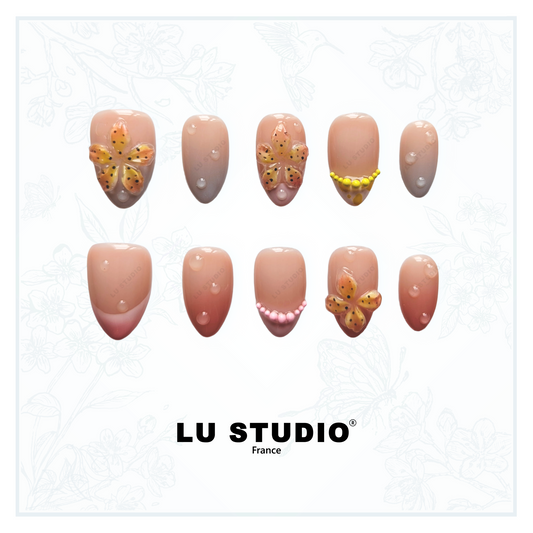 F77 - Fleurs d'Oranger et Perles  |  Faux-ongles réutilisables - Press on nails
