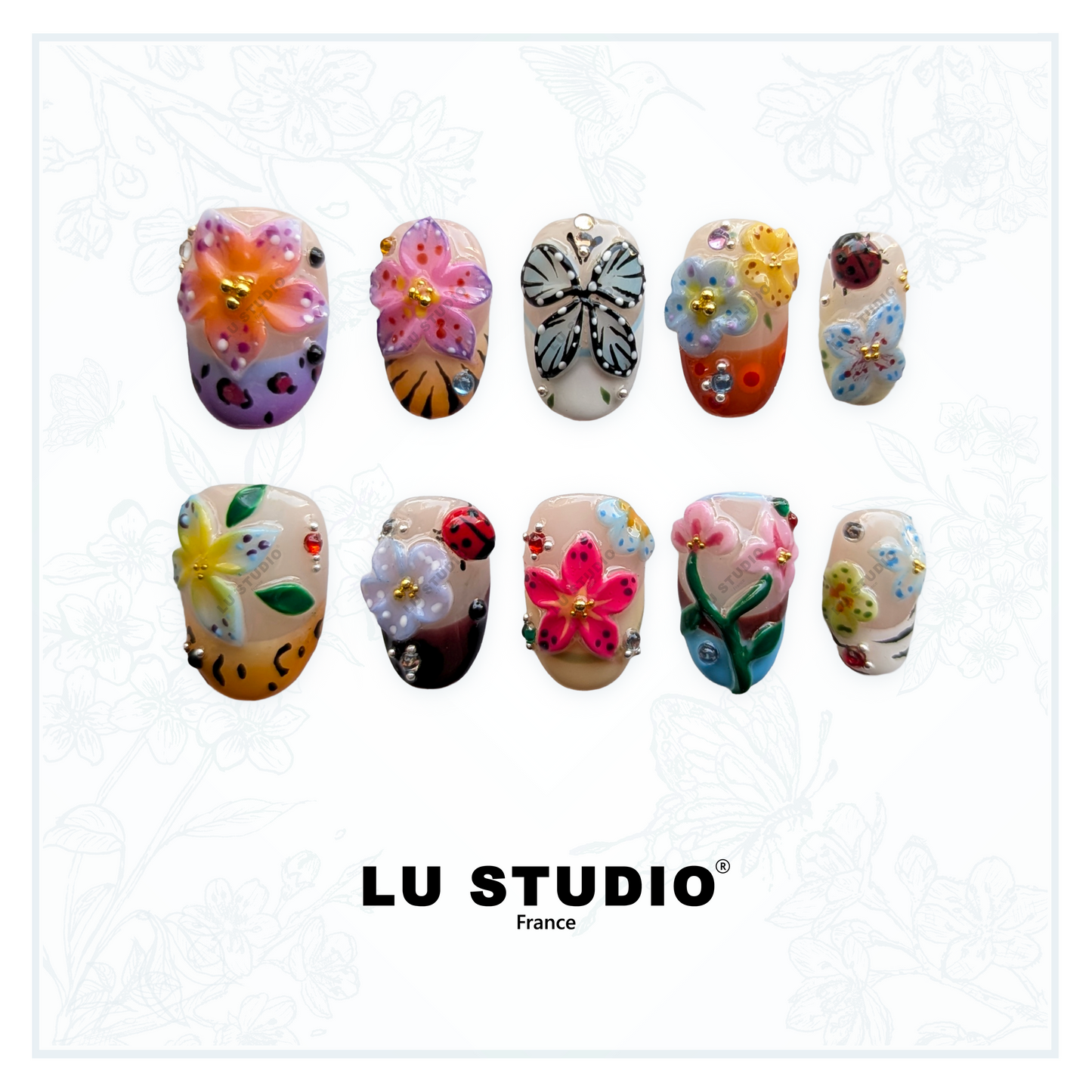 F88 - French fleur 3D  |  Faux-ongles réutilisables - Press on nails