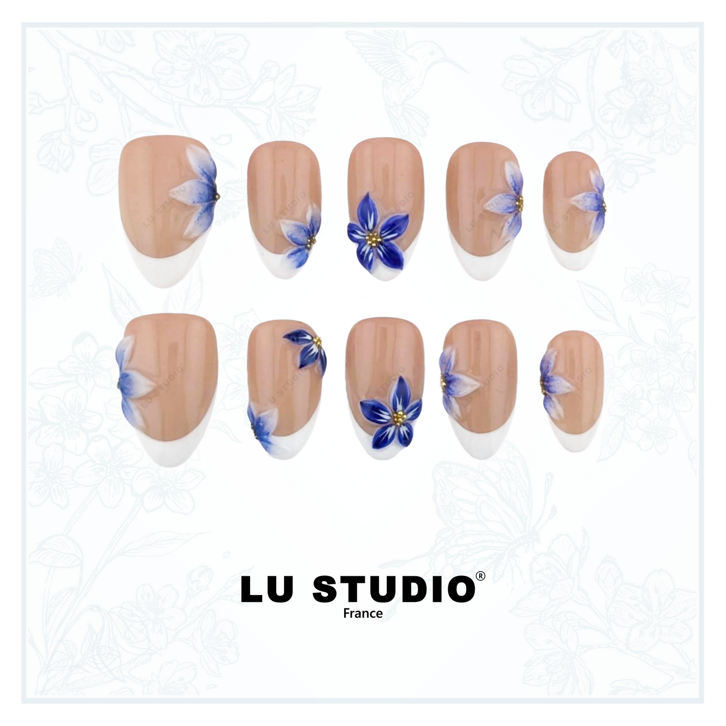 F96 - Jolies fleurs bleues   |  Faux-ongles réutilisables - Press on nails