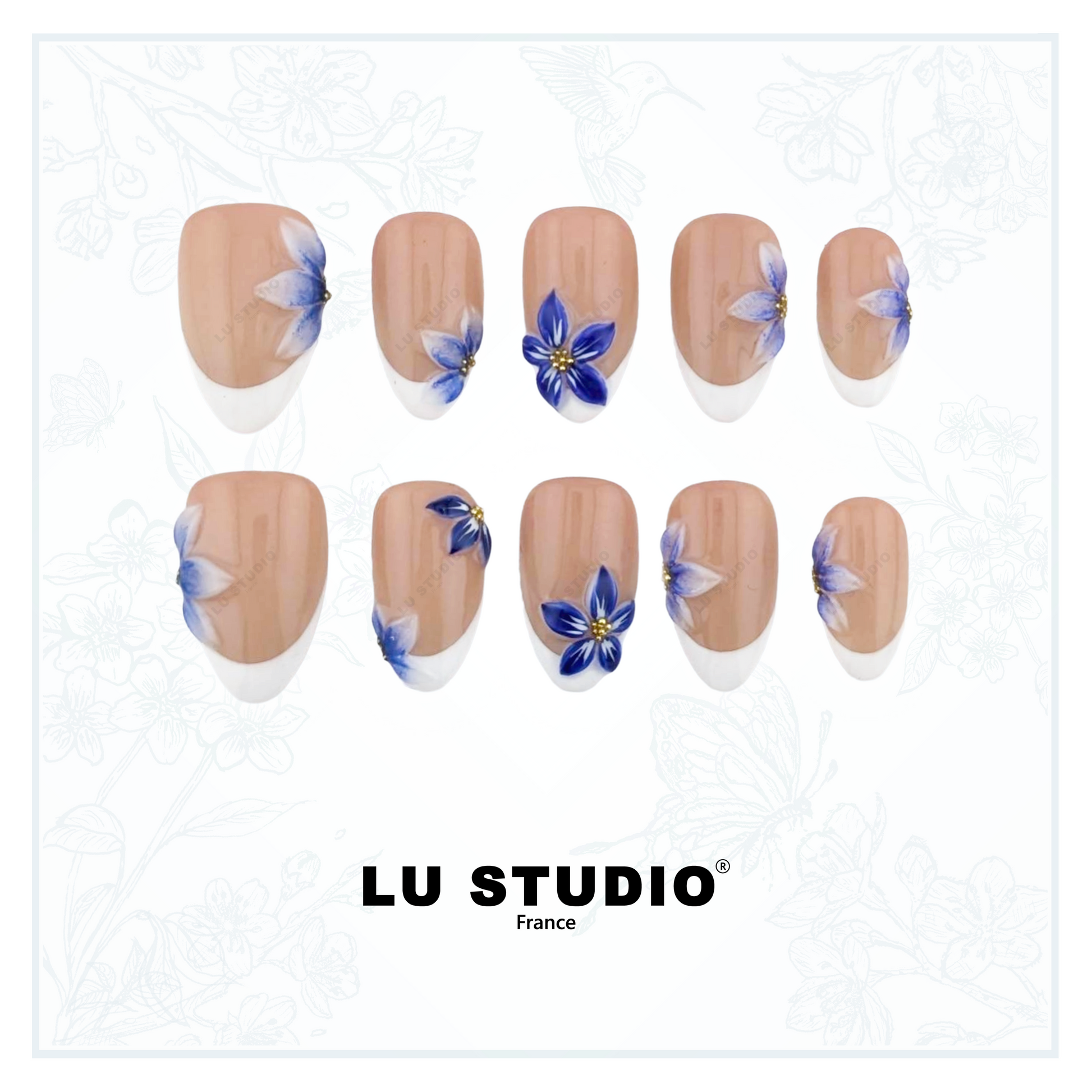 F96 - Jolies fleurs bleues   |  Faux-ongles réutilisables - Press on nails