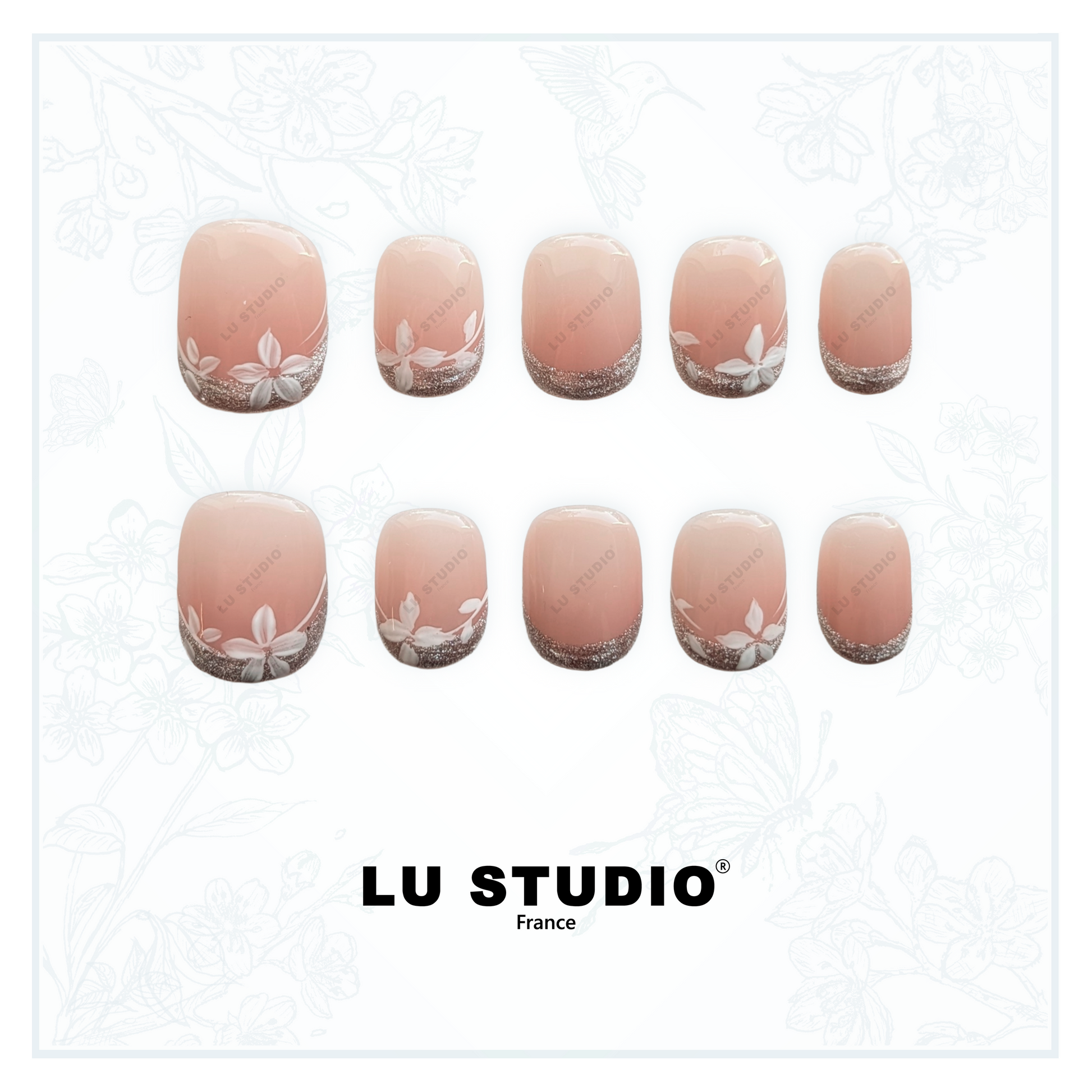 F97 - French argenté fleurie  |  Faux-ongles réutilisables - Press on nails