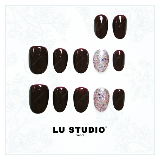 LT28 - Cerise Noire Pailletée | Faux-ongles réutilisables - Press on nails