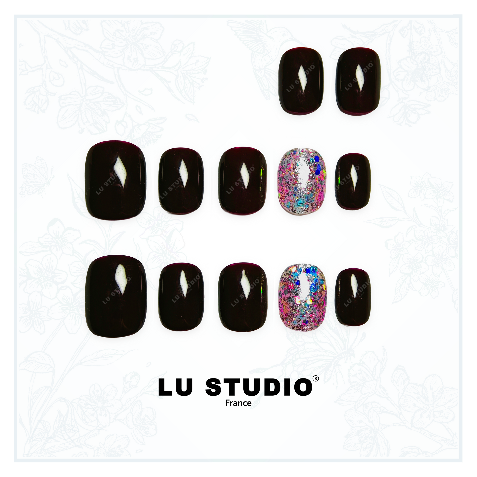 LT28 - Cerise Noire Pailletée  |  Faux-ongles réutilisables - Press on nails