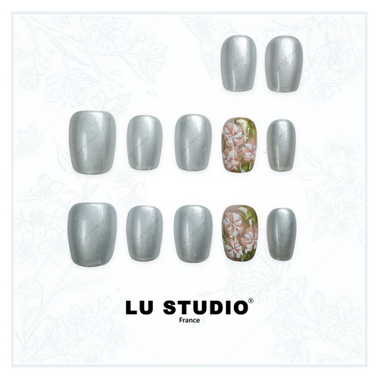 LT38 - Argent Fleuri de Printemps  |  Faux-ongles réutilisables - Press on nails