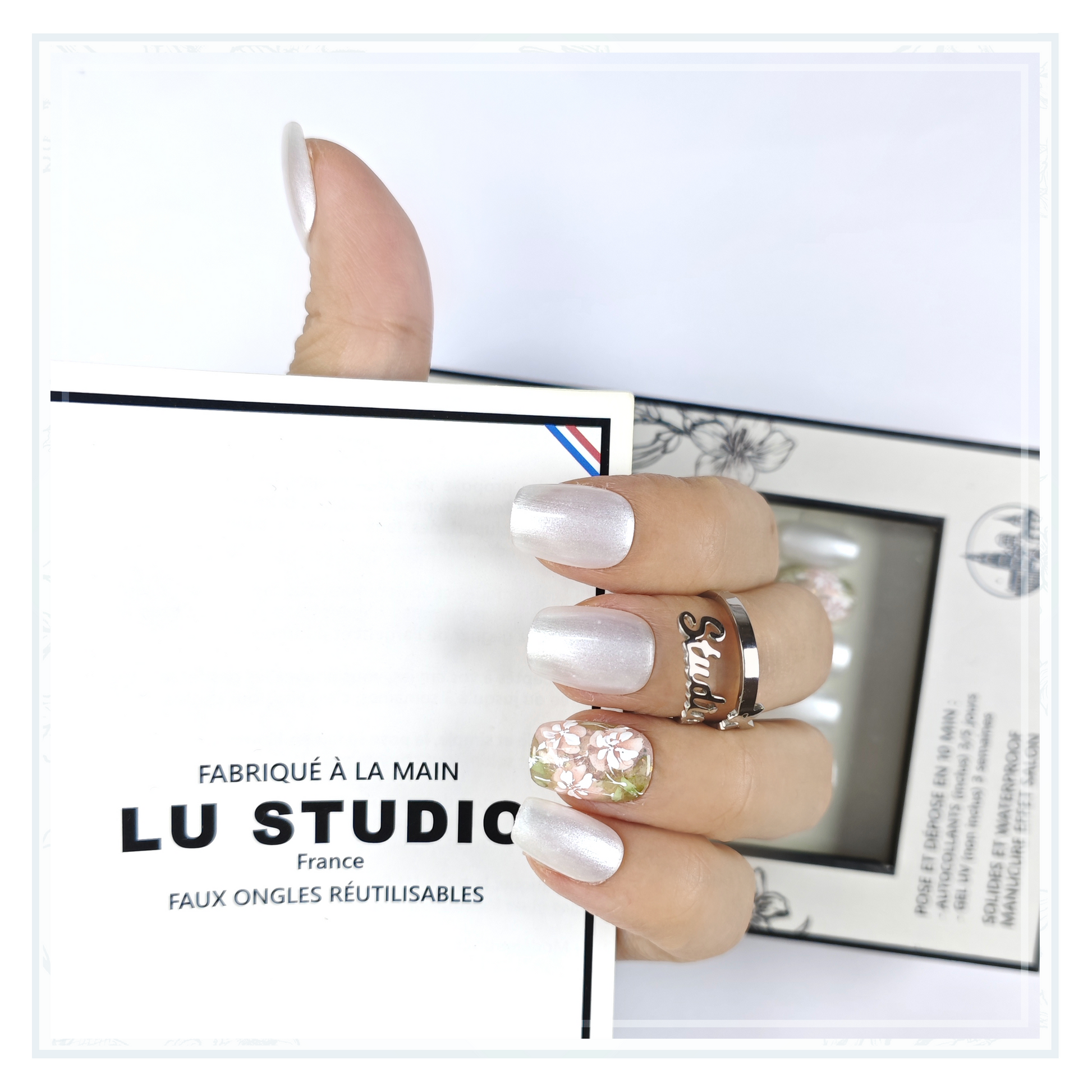 LT38 - Argent fleuri de Printemps  |  Faux-ongles réutilisables - Press on nails