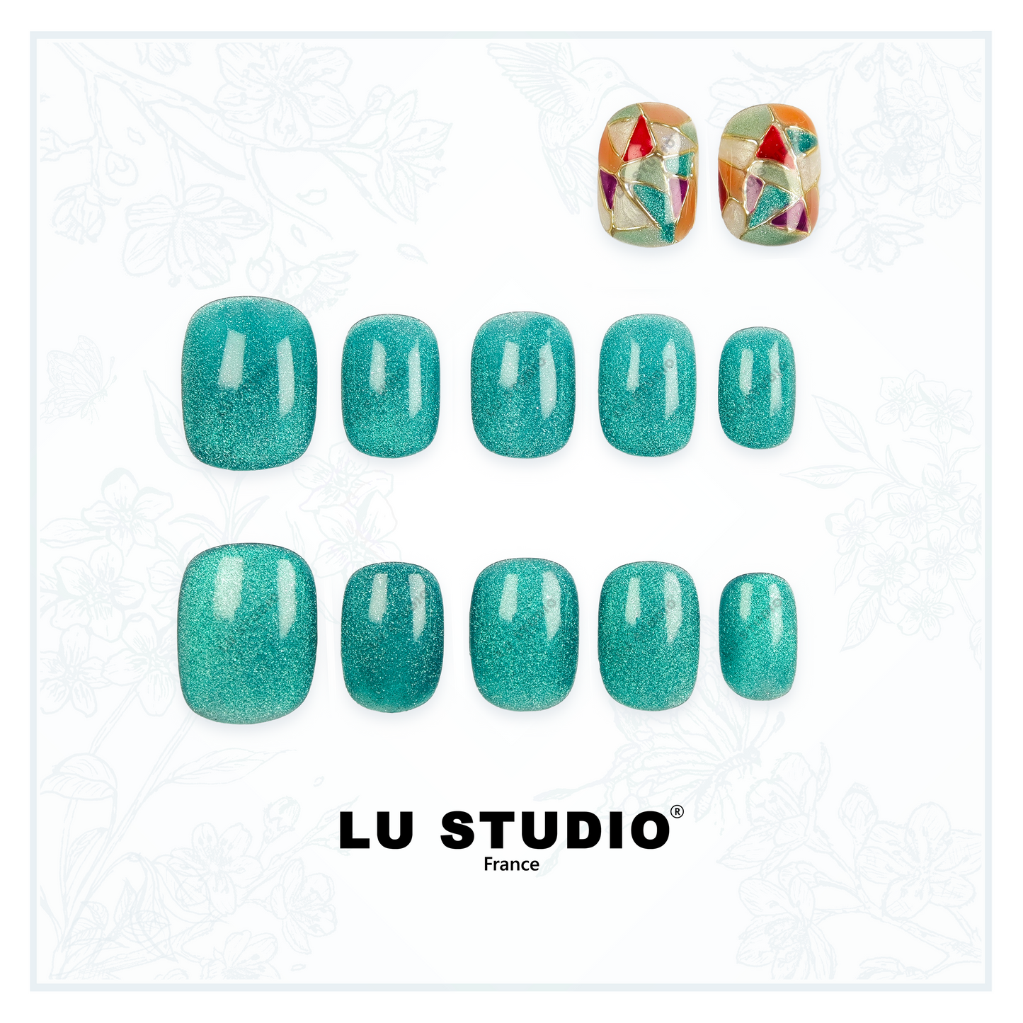 LT40 - Vitrail de Troyes - Bleu pailleté  |  Faux-ongles réutilisables - Press on nails