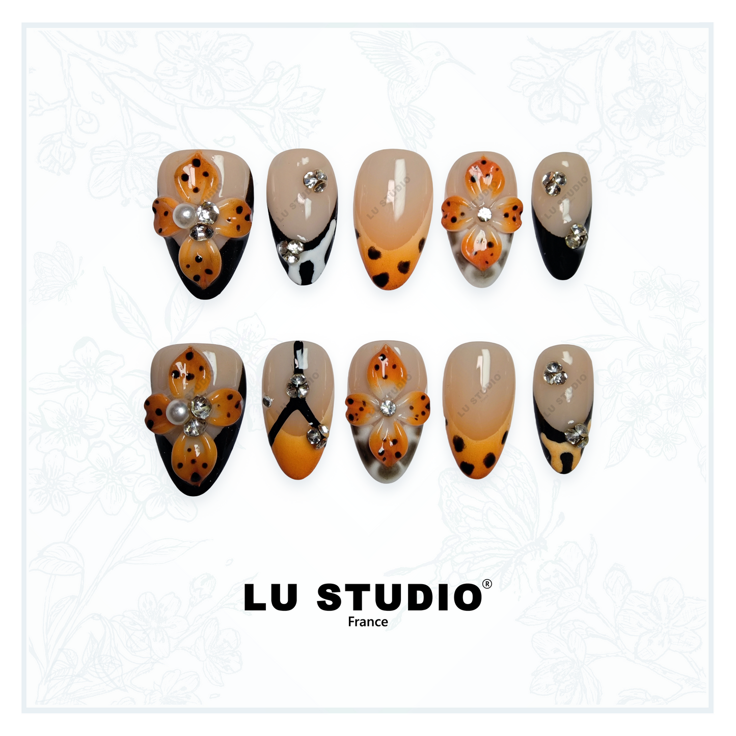 M06 - Fleurs en tenue de guépard  |  Faux-ongles réutilisables - Press on nails