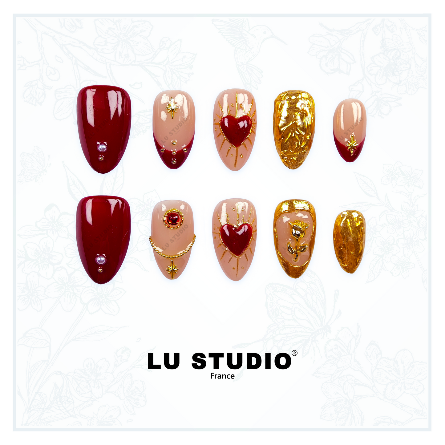 M111 - Cœur de Grenat   |  Faux-ongles réutilisables - Press on nails