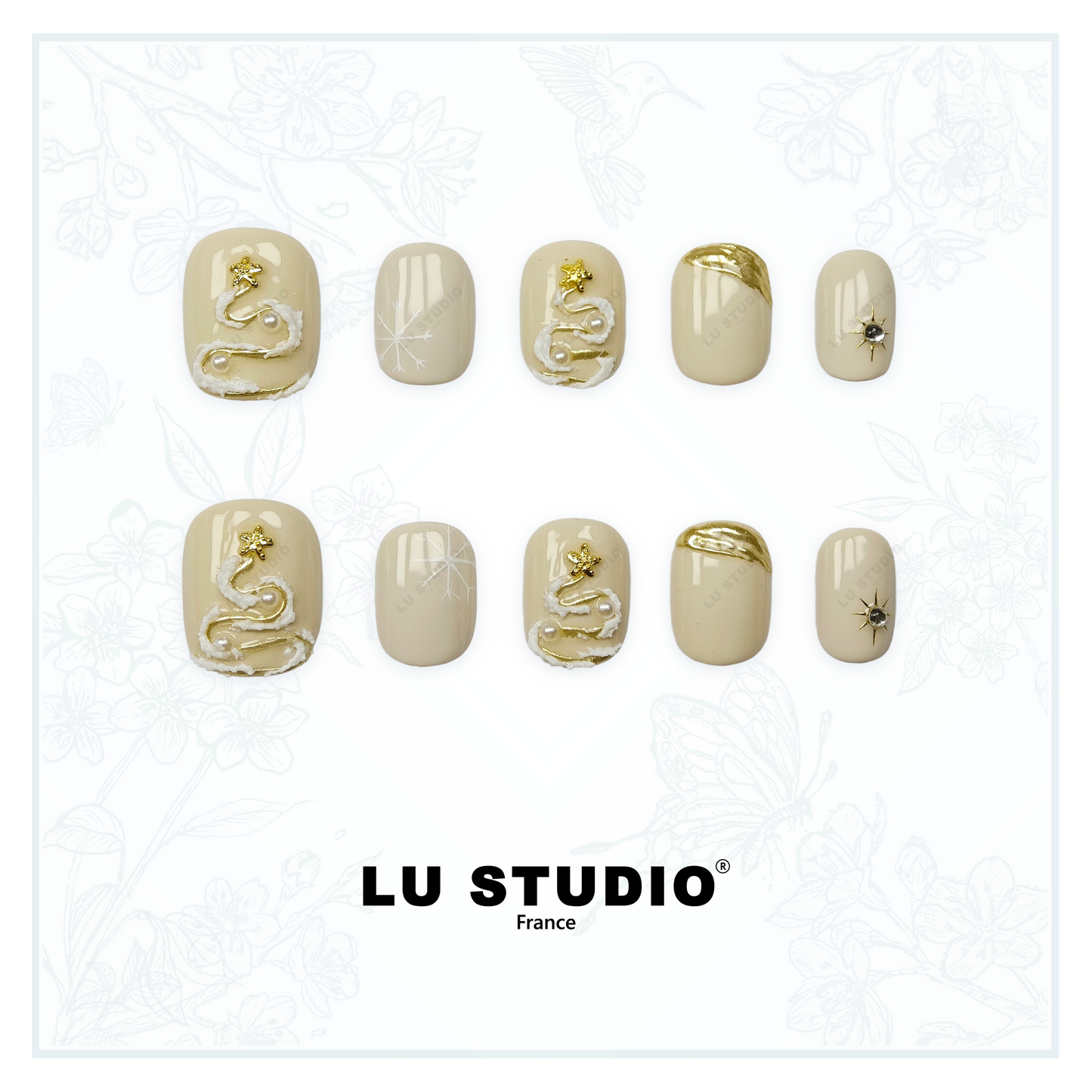 M127 - Noël Blanc Doré  |  Faux-ongles réutilisables - Press on nails