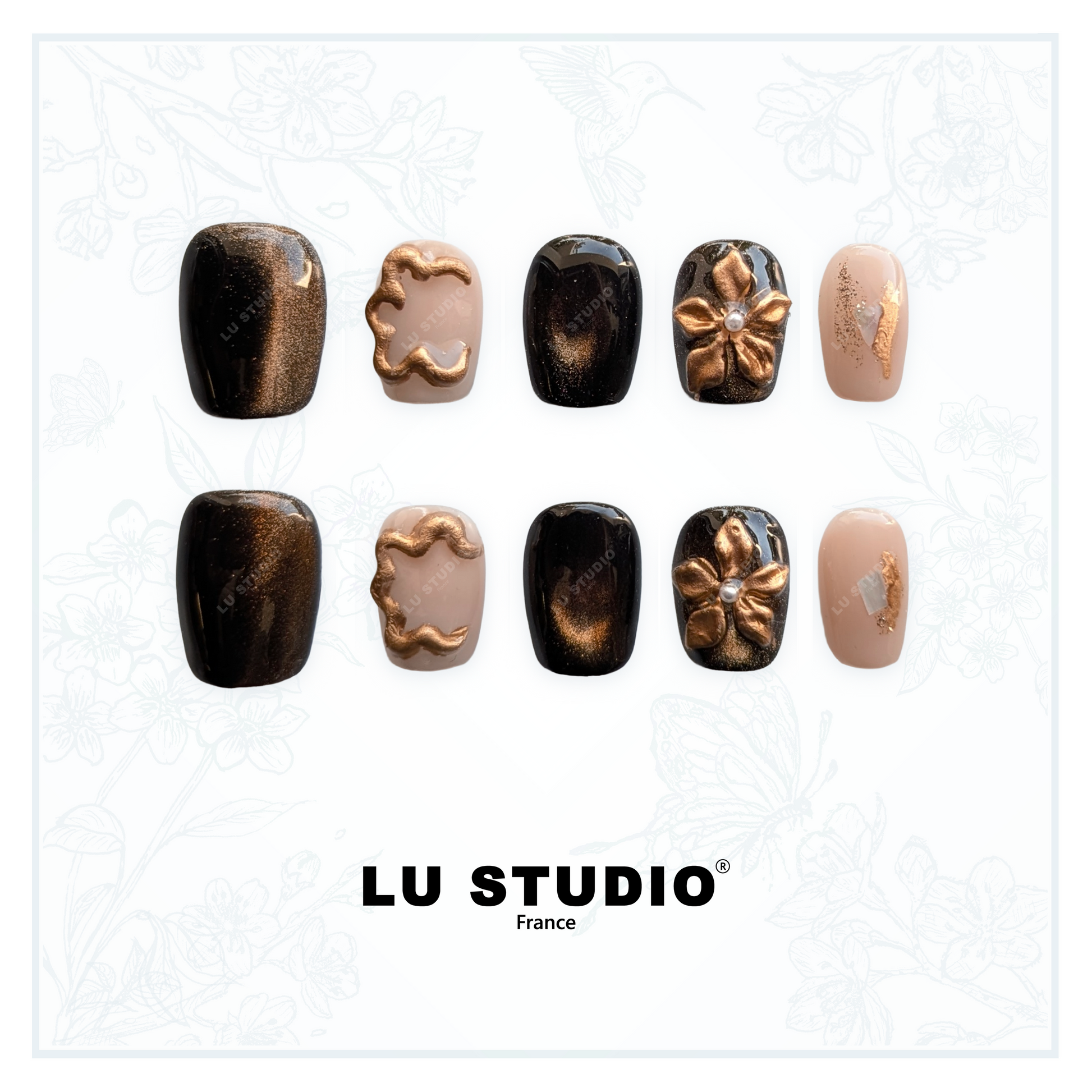 M132 - Marron fleuri  |  Faux-ongles réutilisables - Press on nails