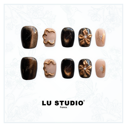 M132 - Marron fleuri  |  Faux-ongles réutilisables - Press on nails