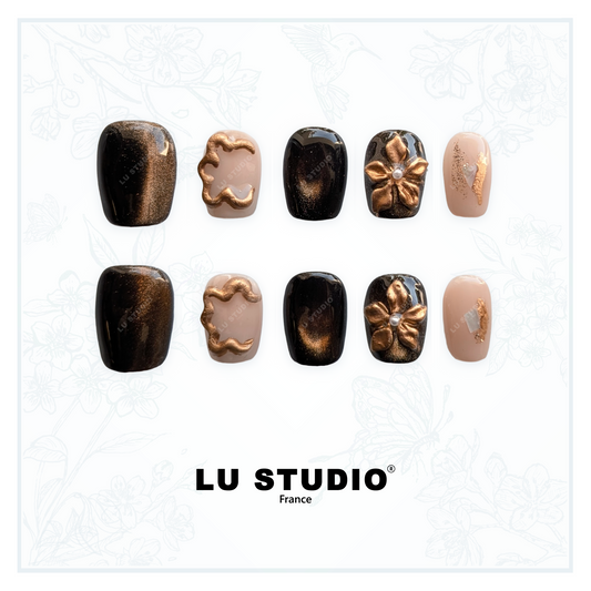 M132 - Marron fleuri  |  Faux-ongles réutilisables - Press on nails