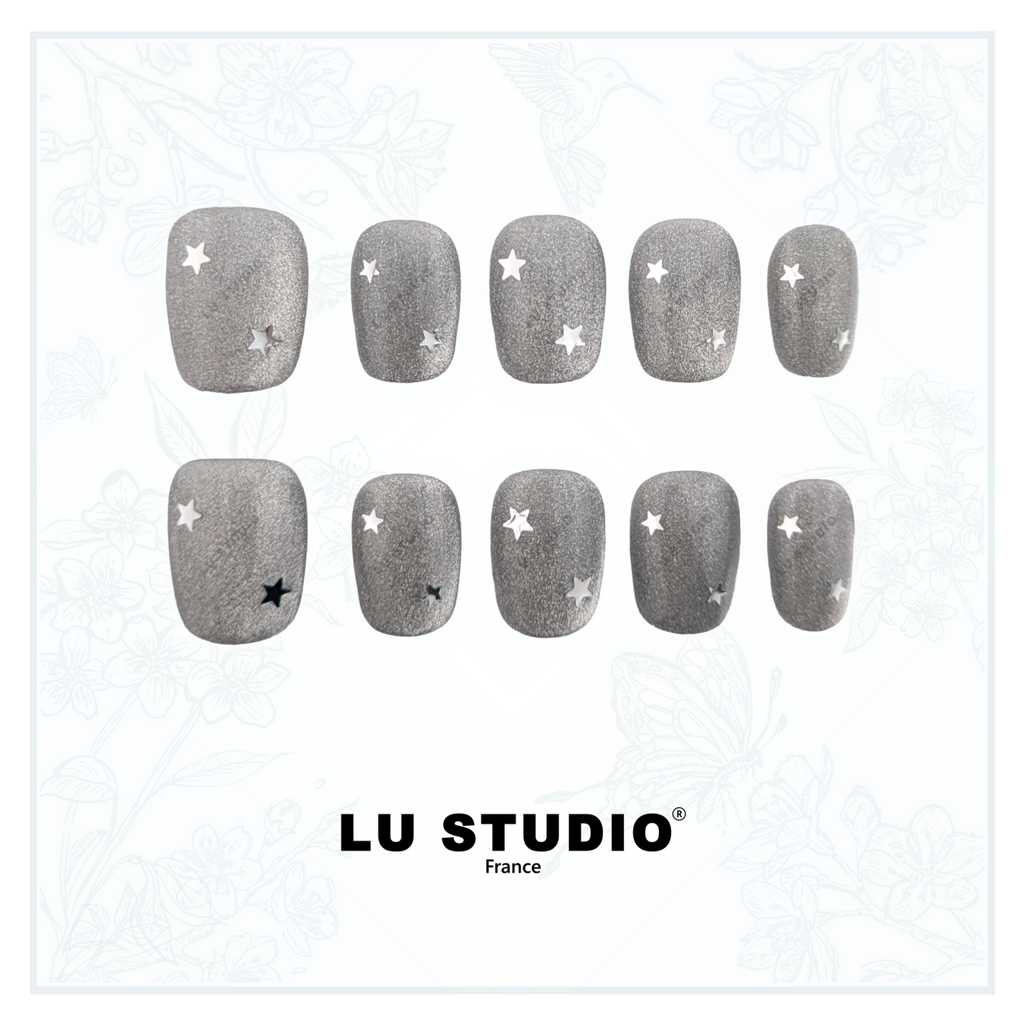 M156 - Gris intense et ses étoiles   |  Faux-ongles réutilisables - Press on nails
