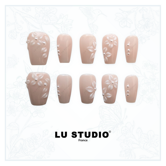 M164 - Nude fleurie  |  Faux-ongles réutilisables - Press on nails