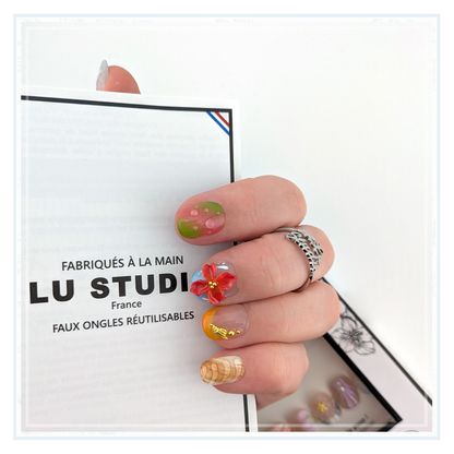M170 - Fleur d'hibuscus  |  Faux-ongles réutilisables - Press on nails