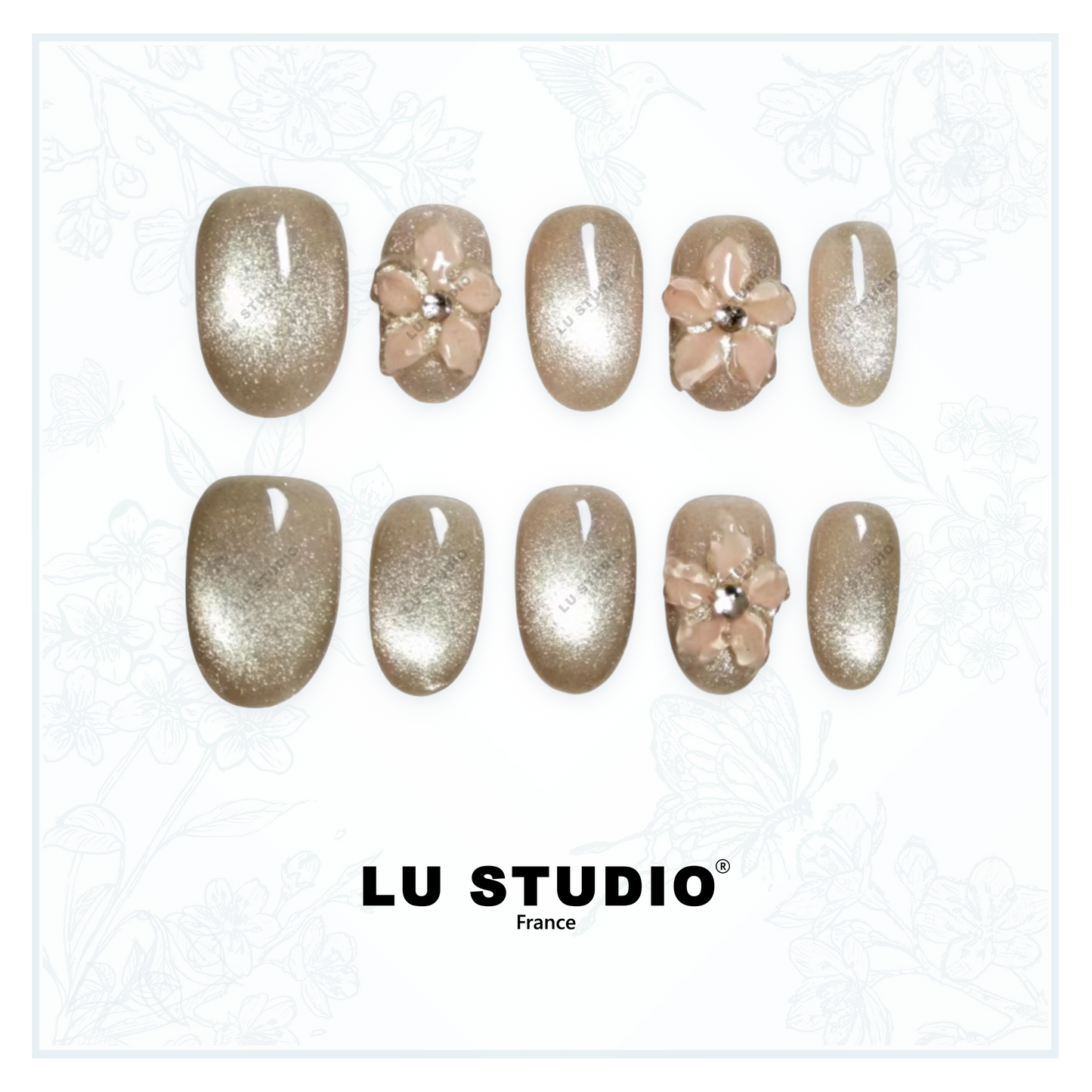 M22 - Fleurs roses dans la nuit d'argent  |  Faux-ongles réutilisables - Press on nails