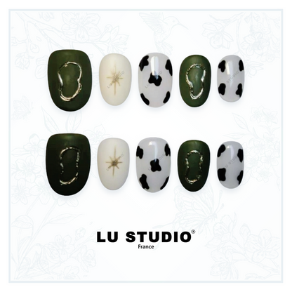 M44 - Fluctuations en Vert Or et Noir | Faux-ongles réutilisables - Press on nails