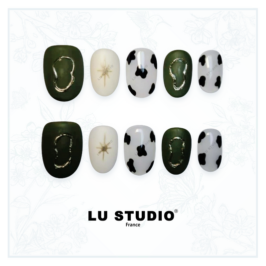 M44 - Fluctuations en Vert Or et Noir | Faux-ongles réutilisables - Press on nails