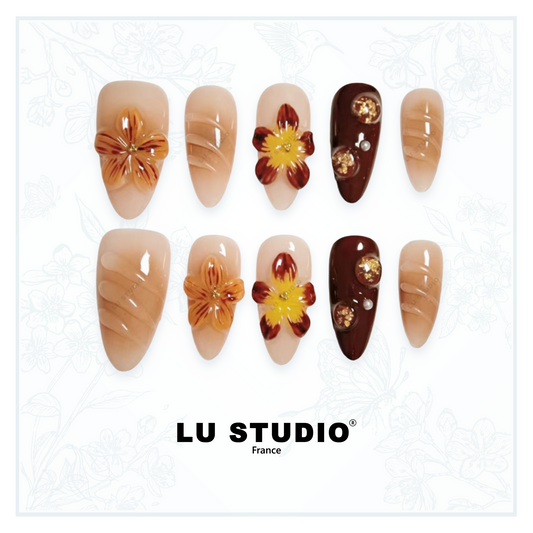 M68 - Fleurs d'Automne foncées | Faux-ongles réutilisables - Press on nails